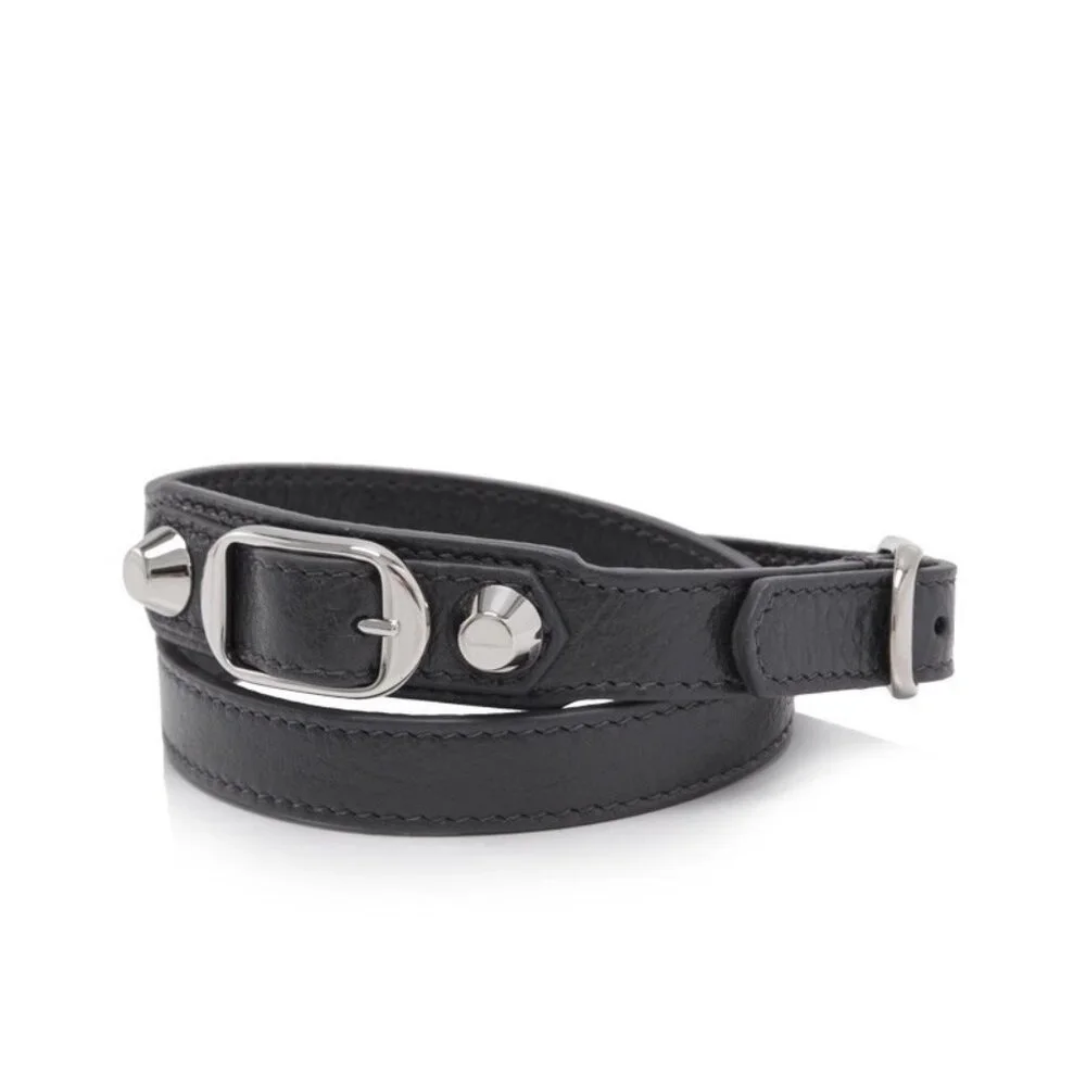 Balenciaga Black Leather Double-Wrap Bracelet with Silver Hardware - Picture 4 of 8